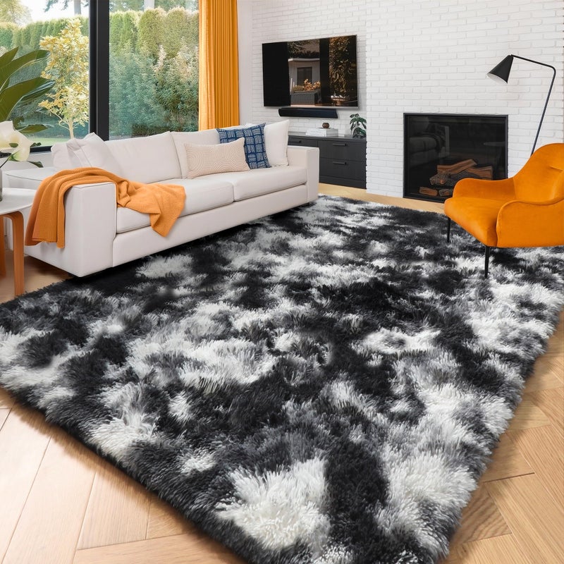 Amdrebio Black White Grey Area Rugs for Living Room, 5x8 Soft Fluffy Rugs for Bedroom, Furry Plush Rug for Kids Room, Modern Large Shaggy Rug for Men, Boy, Aesthetic Cool Floor Carpet for Dorm - Image 1
