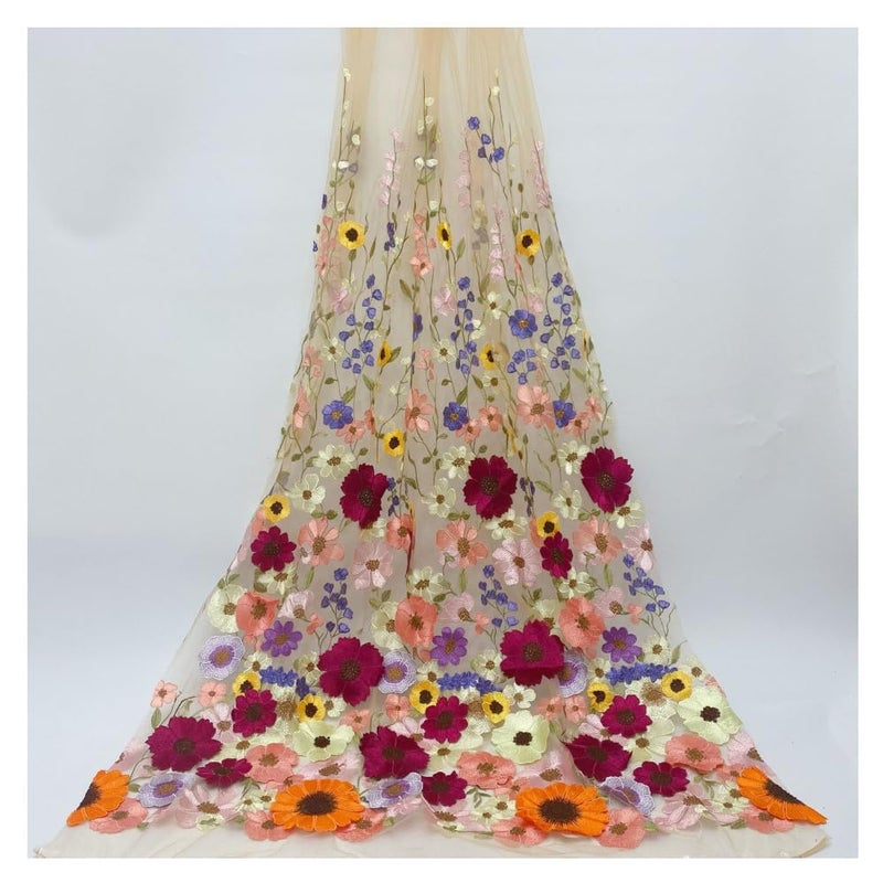 Primst 51.2" Width Flower Colorful Embroidered Lace Trim 3D AppliquÃ© Embroidery Lace Fabric for DIY Handmade Clothing Evening Dress Home Decoration (Apricot) - Image 5