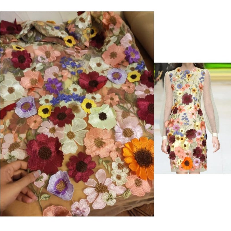 Primst 51.2" Width Flower Colorful Embroidered Lace Trim 3D AppliquÃ© Embroidery Lace Fabric for DIY Handmade Clothing Evening Dress Home Decoration (Apricot) - Image 4