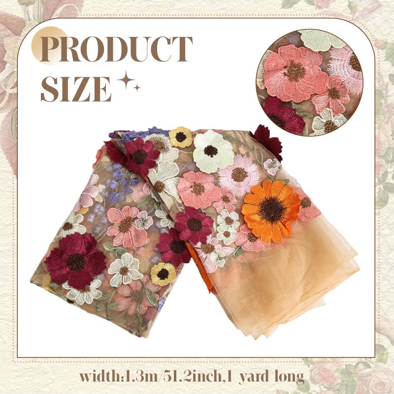Primst 51.2" Width Flower Colorful Embroidered Lace Trim 3D AppliquÃ© Embroidery Lace Fabric for DIY Handmade Clothing Evening Dress Home Decoration (Apricot) - Image 2