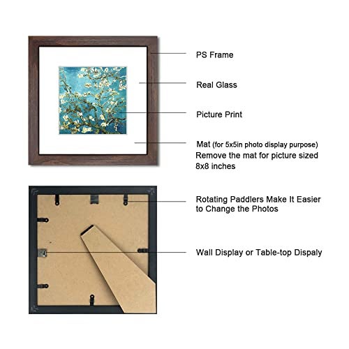DEKWINN 8x8 Walnut Picture Frame Set of 6 with Real Glass for Pictures 5x5 with Mat or 8x8 Without Mat, Wall or Tabletop Gallery Photo Frames - Image 3