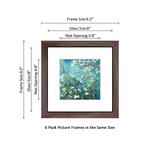 DEKWINN 8x8 Walnut Picture Frame Set of 6 with Real Glass for Pictures 5x5 with Mat or 8x8 Without Mat, Wall or Tabletop Gallery Photo Frames - Image 2