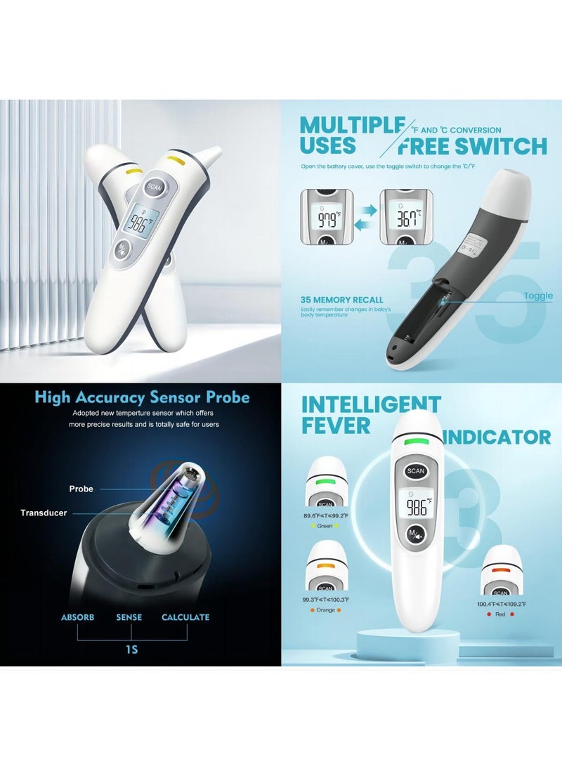 Forehead Thermometer for Adults Kids, Ear Thermometer, Touchless Thermometer for Fever with LCD Screen, Fever Alarm, Memory Recall, Three-Colour Temperature Alarm, 1s Instant Accurate Reading - Image 3
