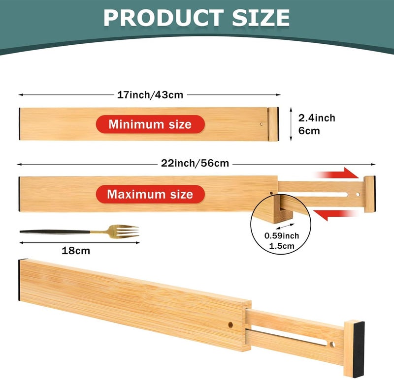 Lzerking Kitchen Drawer Dividers 4 Pack, Adjustable Bamboo Drawer Organizer, 17-22" Expandable Utensil Organizer for Kitchen, Dresser, Closet, Bedroom,  Bathroom - Image 3