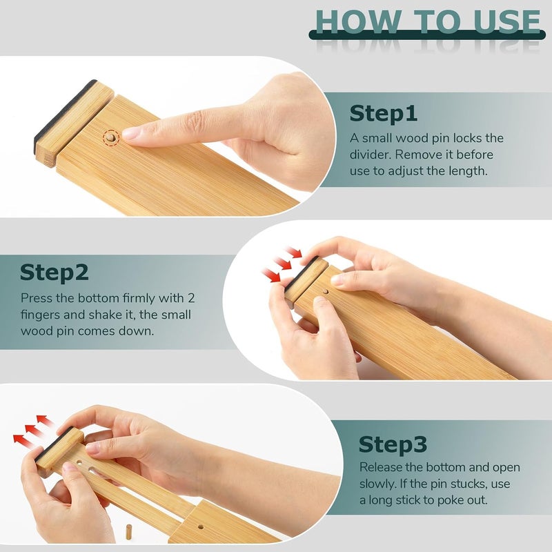 Lzerking Kitchen Drawer Dividers 4 Pack, Adjustable Bamboo Drawer Organizer, 17-22" Expandable Utensil Organizer for Kitchen, Dresser, Closet, Bedroom,  Bathroom - Image 2