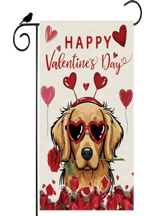 ZAEW Happy Valentines Day Romantic Roses Love Hearts Balloon Dog Garden Flag Yard Flag 12x18 Inch Double Sided Small Mini Yard Outdoor Outside Holiday Decoration - Image 1