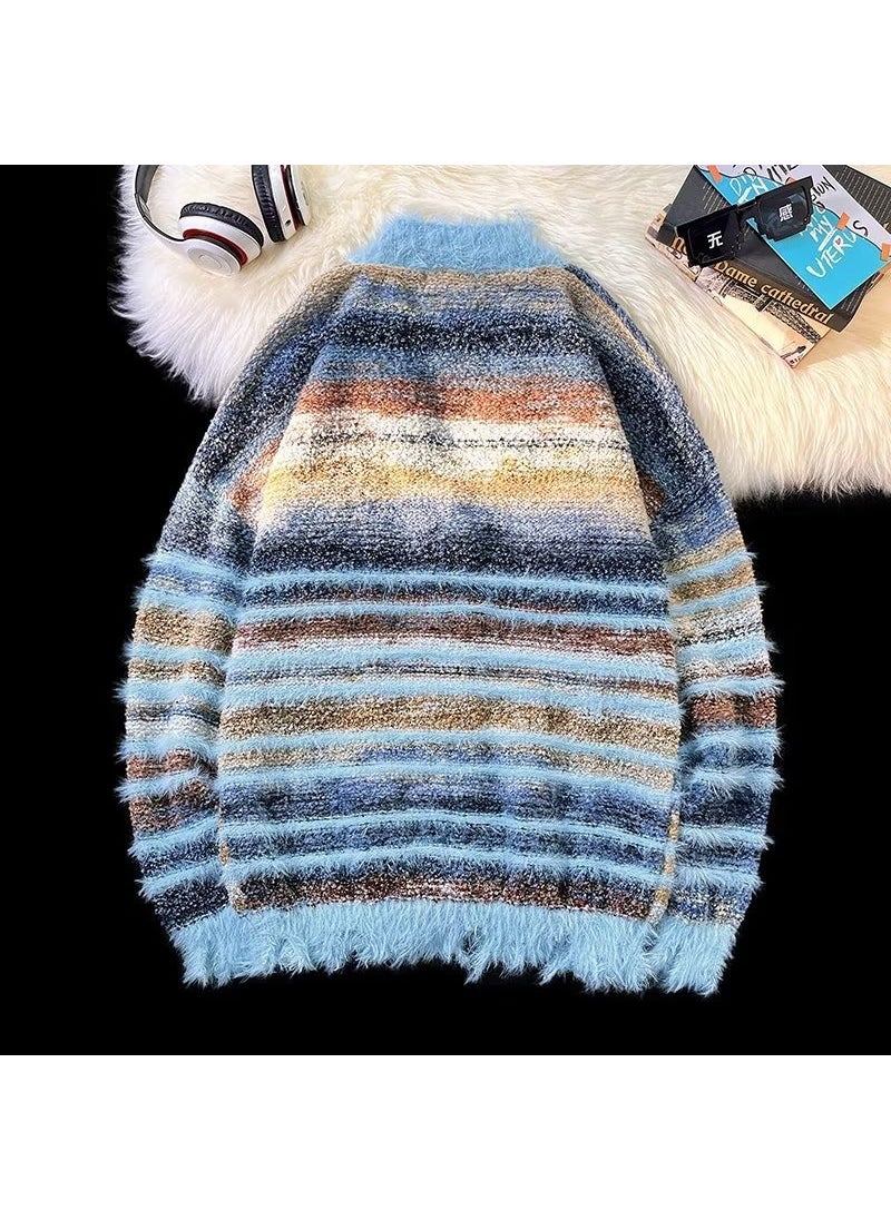 Generic - Retro Rainbow Stripe Cardigan Sweater Mens Casual Blue - Image 1