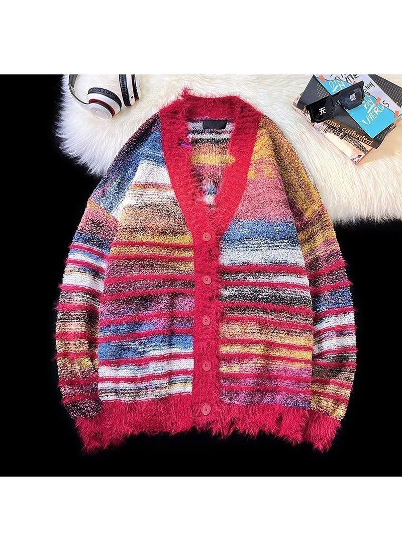 Generic - Retro Rainbow Stripe Cardigan Sweater Mens Casual Blue - Image 1