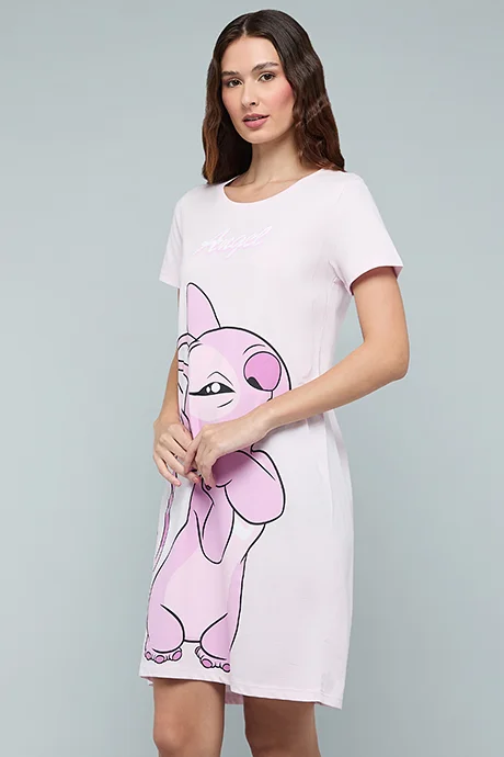 أر أند بي Angel Print Nightdress with Crew Neck and Short Sleeves