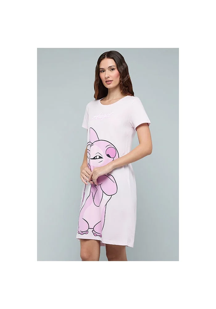 R&b Angel Print Nightdress with Crew Neck and Short Sleeves