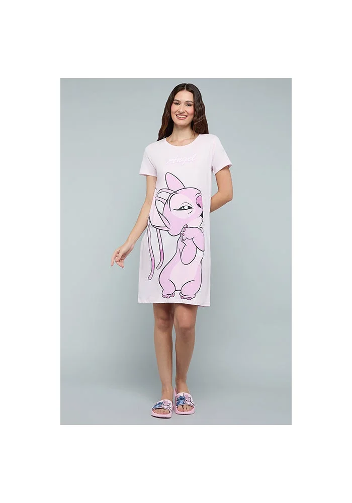 R&b Angel Print Nightdress with Crew Neck and Short Sleeves