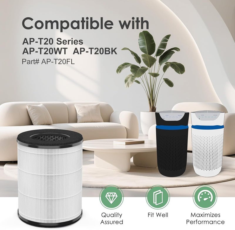 HSIAMEN مرشح استبدال AP-T20FL متوافق مع جهاز تنقية الهواء HoMedics TotalClean AP-T20 AP-T20WT AP-T20-WT مع ترشيح HEPA الحقيقي 360 درجة والكربون المنشط، عبوة مزدوجة - Image 2