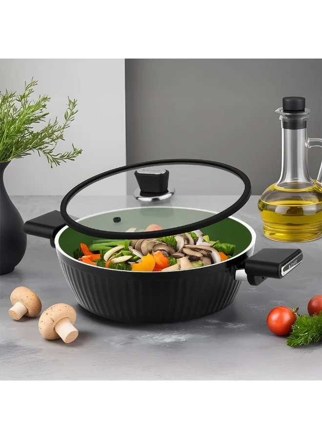 DANUBE HOME Lines Shallow Casserole Black 26 CM – Titanium Teflon Coating, PFOA-Free – Non-Stick Cookware for Home, Kitchen, Induction, Gas & Electric Stoves, Easy to Clean