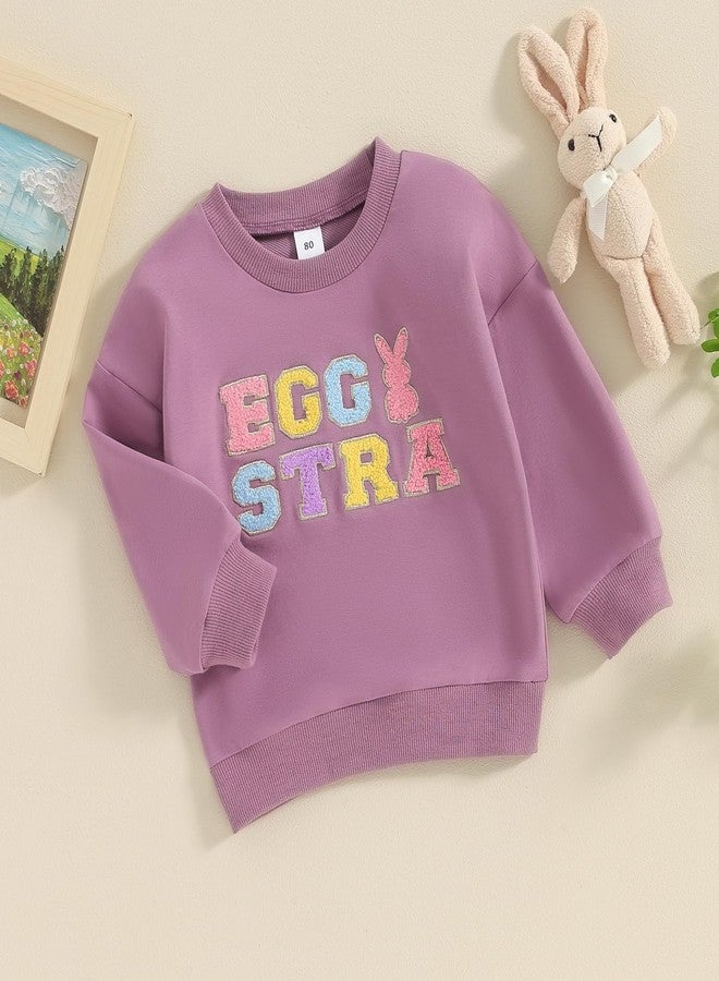 MoZiKQin Toddler Baby Girl Boy Easter Outfit Bunny Sweatshirt Embroidery Sweater Long Sleeve Easter Shirt Cute Clothes (Easter Egg Purple,2-3T) - Image 3
