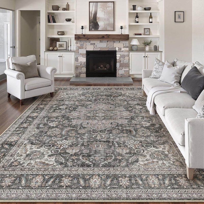 WondRg 8x10 Washable Vintage Area Rug Black Grey Living Room Bedroom Carpet Non-Slip Soft Low Pile Distressed Indoor Large Throw Rug for Dining Room Office - Image 1