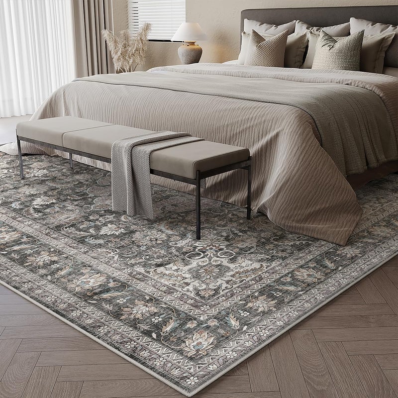 WondRg 8x10 Washable Vintage Area Rug Black Grey Living Room Bedroom Carpet Non-Slip Soft Low Pile Distressed Indoor Large Throw Rug for Dining Room Office - Image 3