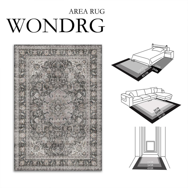 WondRg 8x10 Washable Vintage Area Rug Black Grey Living Room Bedroom Carpet Non-Slip Soft Low Pile Distressed Indoor Large Throw Rug for Dining Room Office - Image 2