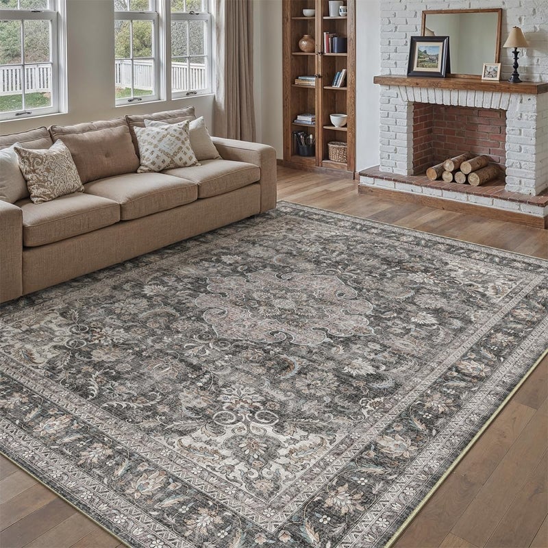 WondRg 8x10 Washable Vintage Area Rug Black Grey Living Room Bedroom Carpet Non-Slip Soft Low Pile Distressed Indoor Large Throw Rug for Dining Room Office - Image 5
