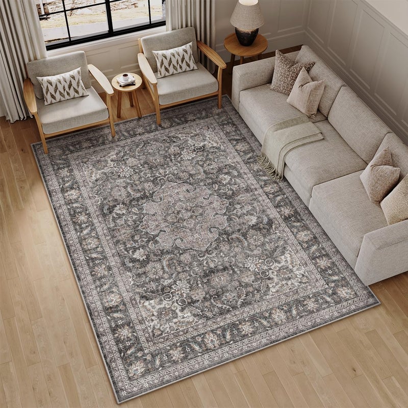 WondRg 8x10 Washable Vintage Area Rug Black Grey Living Room Bedroom Carpet Non-Slip Soft Low Pile Distressed Indoor Large Throw Rug for Dining Room Office - Image 4