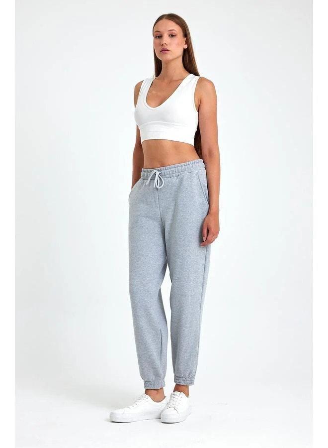 Women's Gray Cotton Thick Hem Elastic High-Waisted Comfortable Jogger Sweatpants
