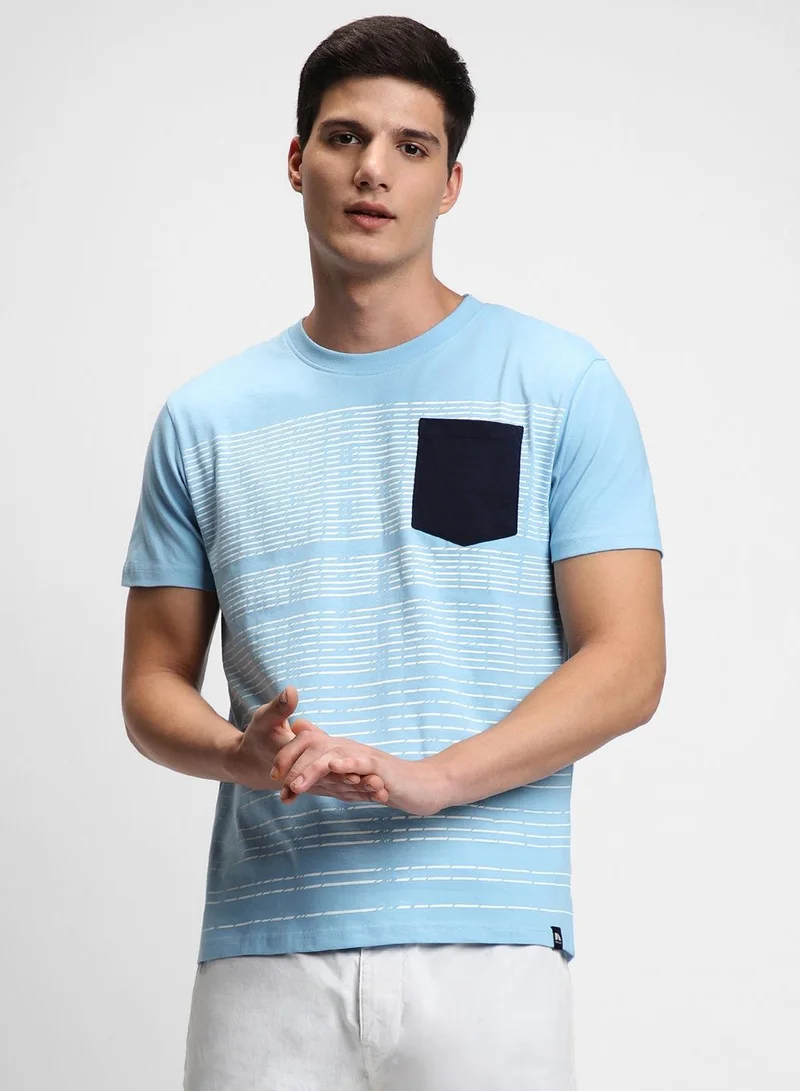 Men'S Light Blue 100% Cotton Striped Relaxed T-Shirt