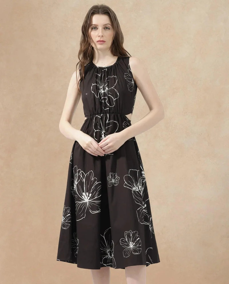 Rareism Rareism Women Layla Brown Cotton Poly Fabric Zip Closure Scoop Neck Sleeveless Fit And Flare Floral Print Midi Dress