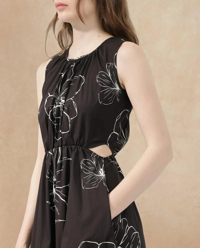 Rareism Rareism Women Layla Brown Cotton Poly Fabric Zip Closure Scoop Neck Sleeveless Fit And Flare Floral Print Midi Dress