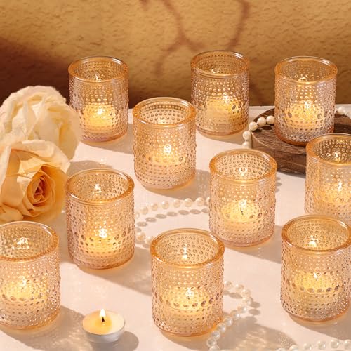 simeitol 15Pcs Glass Votive Candle Holders, Gold Tea Light Candle Holders Vintage Fall Tealight Candle Holder Bulk for Autumn, Thanksgiving Table Centerpieces, Christmas Decor (Gold) - Image 1