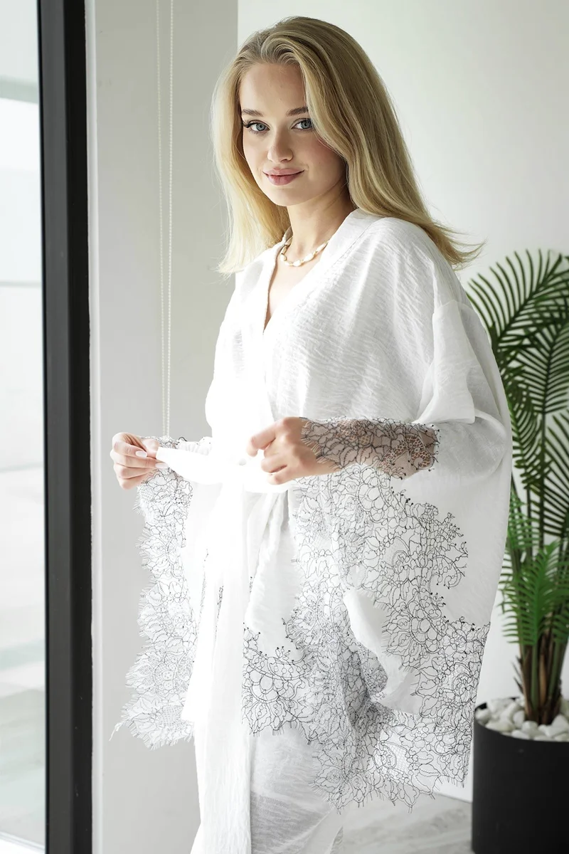 Mita Concept French Lace Linen Kimono & Trouser Set
