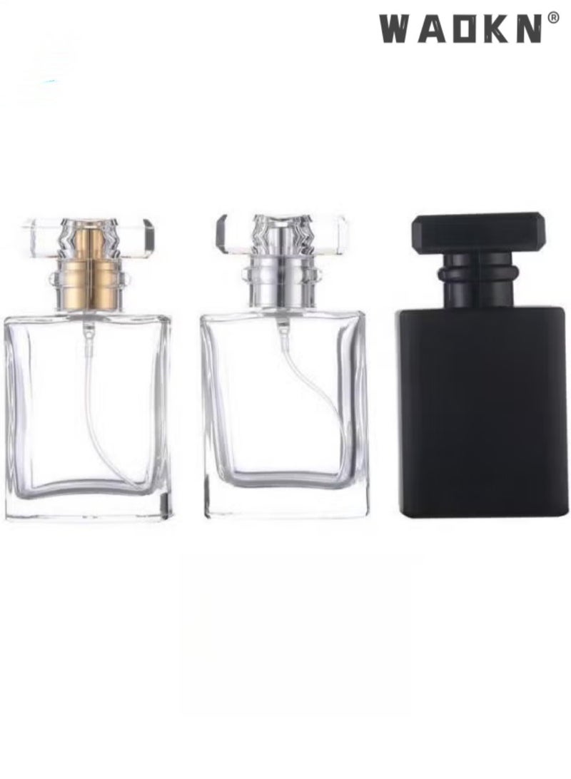 دبليو أيه أو كي أن زجاجات بخاخ، 3 زجاجات بخاخ عطر مربعة زجاجية سعة 50 مل/1.69 أونصة، قابلة لإعادة التعبئة، زجاجات عطر فارغة برذاذ ناعم، للزيوت العطرية، لوشن تونر المكياج، زجاجة بخاخ زجاجية فارغة، زجاجة بخاخ محمولة للخطوط الدقيقة سعة 50 مل (عبوة من 3 قطع، أسود، شفاف) - Image 1