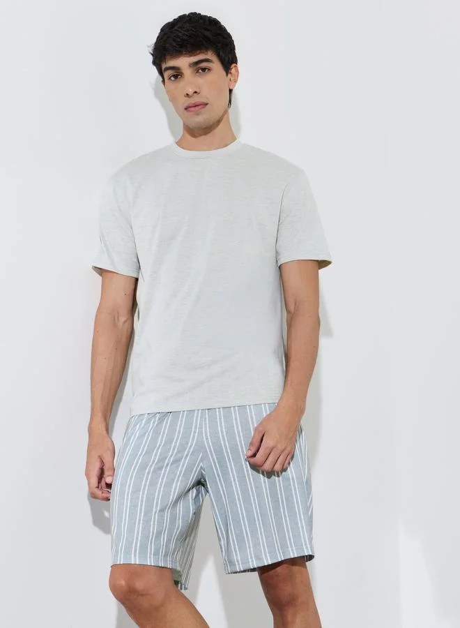 Grey Solid Short Sleeves T-Shirt and Striped Shorts Pyjama Set