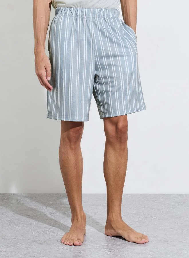 Styli  Grey Solid Short Sleeves T-Shirt and Striped Shorts Pyjama Set for Men | Best Price UAE