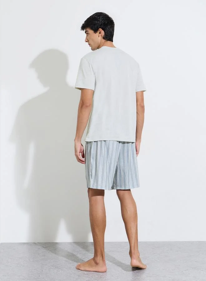 Styli  Grey Solid Short Sleeves T-Shirt and Striped Shorts Pyjama Set for Men | Best Price UAE