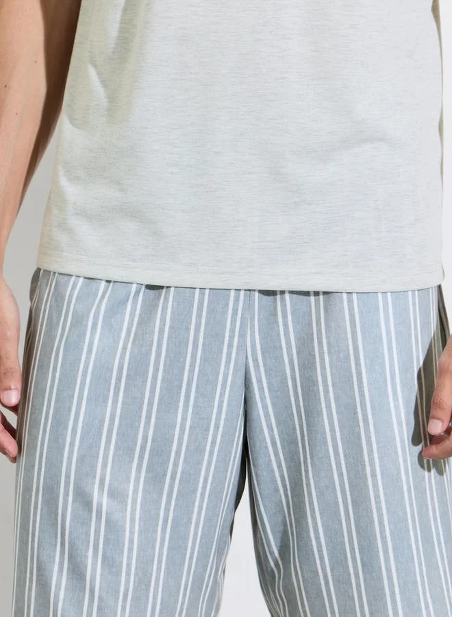 Styli  Grey Solid Short Sleeves T-Shirt and Striped Shorts Pyjama Set for Men | Best Price UAE
