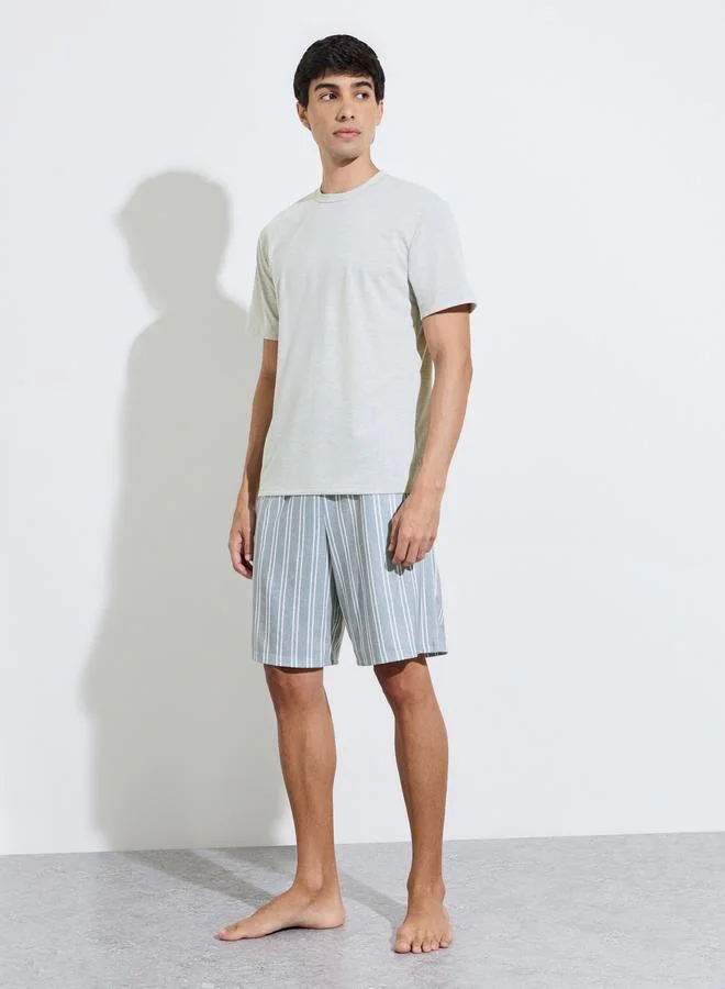 Styli  Grey Solid Short Sleeves T-Shirt and Striped Shorts Pyjama Set for Men | Best Price UAE
