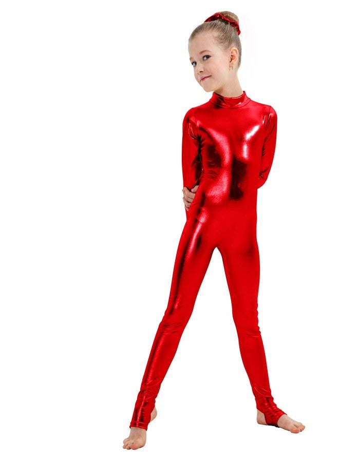 Kepblom Girls Shiny Metallic Mock Neck Unitard Long Sleeve Zipper Back One Piece Bodysuit Costume - Image 1