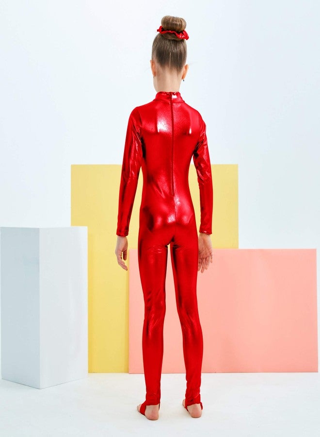 Kepblom Girls Shiny Metallic Mock Neck Unitard Long Sleeve Zipper Back One Piece Bodysuit Costume - Image 3
