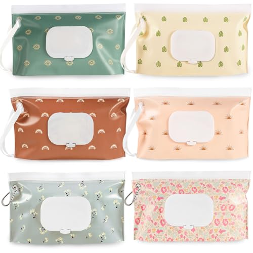 FEBSNOW 6 Pack Baby Wipes Dispenser Portable Refillable Wipe Holder Baby Wipes Container Reusable Wipes Case Baby Travel Wet Wipes Pouch Morandi Color - Image 1