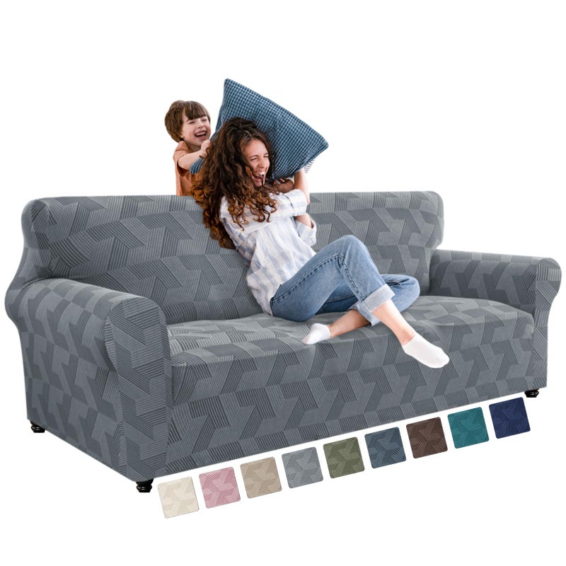 JIVINER 1 Piece Couch Cover for 3 Cushion Couch, High Stretch Sofa Covers with Elastic Bottom, Washable Sofa Slipcovers for Dog, Pets Feature Geometrical Jacquard Fabric (Sofa, Light Grey) - Image 1