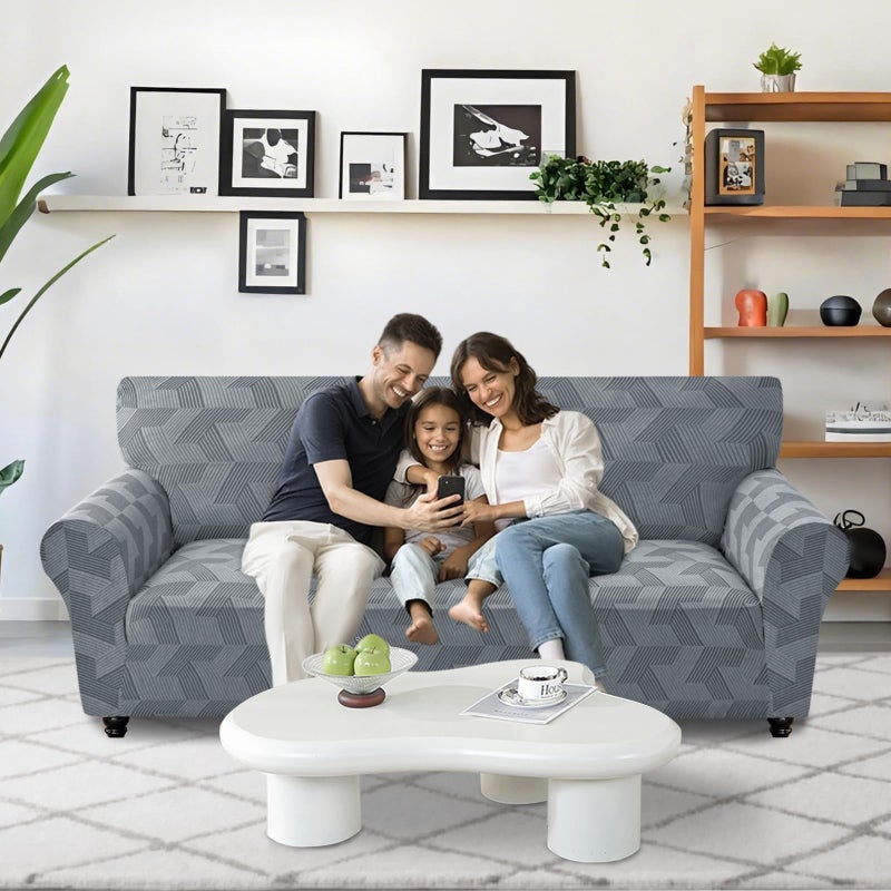 JIVINER 1 Piece Couch Cover for 3 Cushion Couch, High Stretch Sofa Covers with Elastic Bottom, Washable Sofa Slipcovers for Dog, Pets Feature Geometrical Jacquard Fabric (Sofa, Light Grey) - Image 2