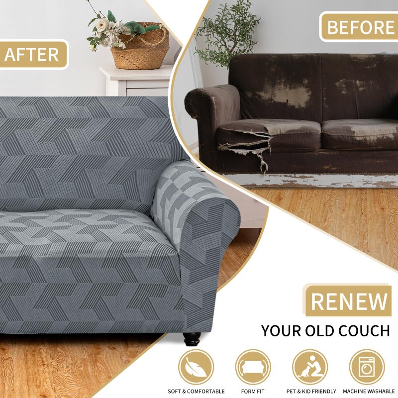 JIVINER 1 Piece Couch Cover for 3 Cushion Couch, High Stretch Sofa Covers with Elastic Bottom, Washable Sofa Slipcovers for Dog, Pets Feature Geometrical Jacquard Fabric (Sofa, Light Grey) - Image 5