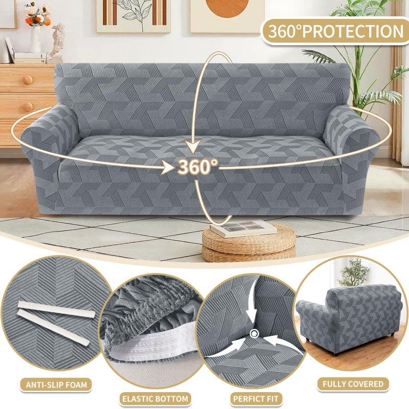 JIVINER 1 Piece Couch Cover for 3 Cushion Couch, High Stretch Sofa Covers with Elastic Bottom, Washable Sofa Slipcovers for Dog, Pets Feature Geometrical Jacquard Fabric (Sofa, Light Grey) - Image 4
