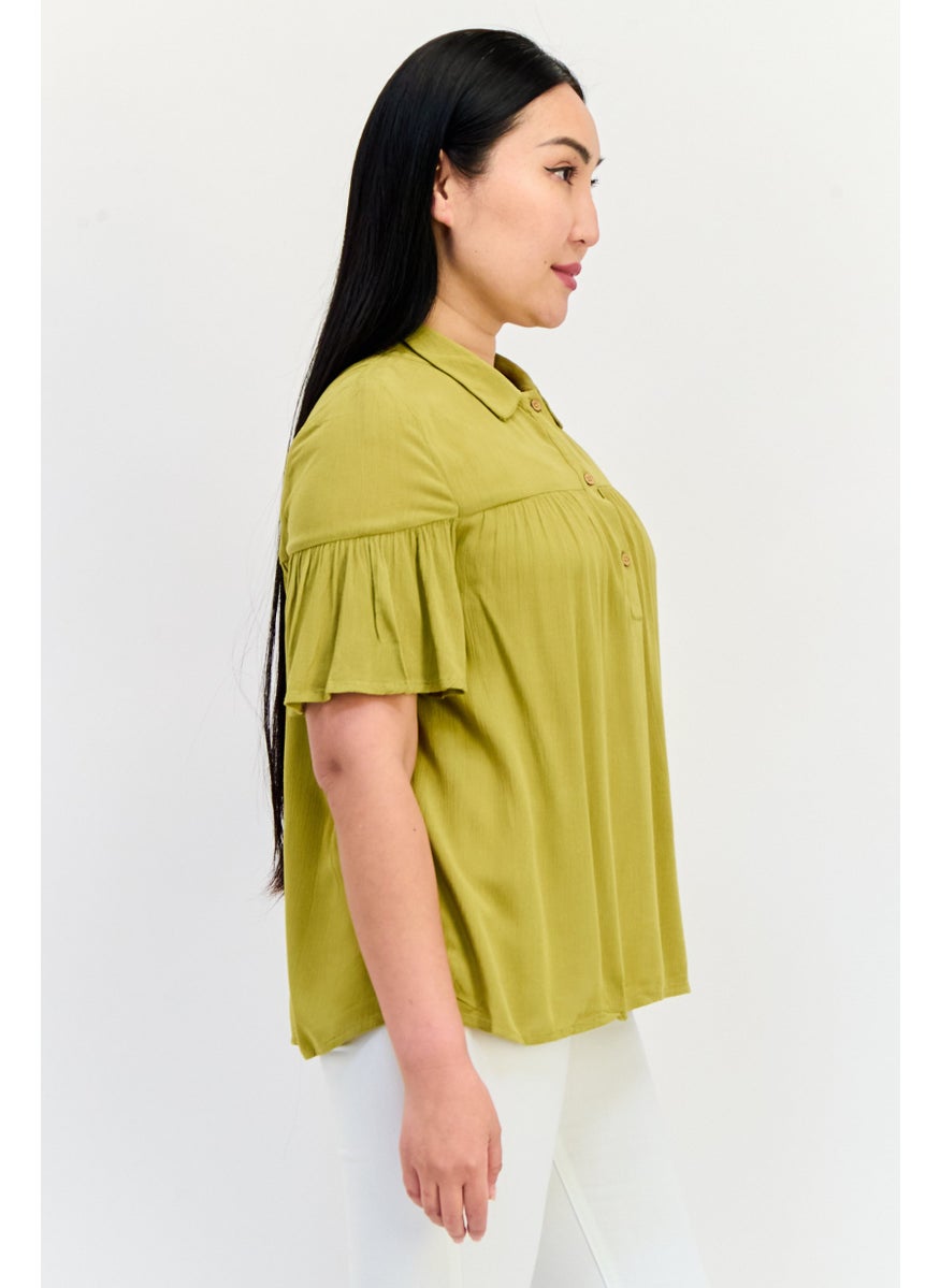 ONLY Women Spread Collar Short Sleeve Solid Blouse, Olive  - Image 2