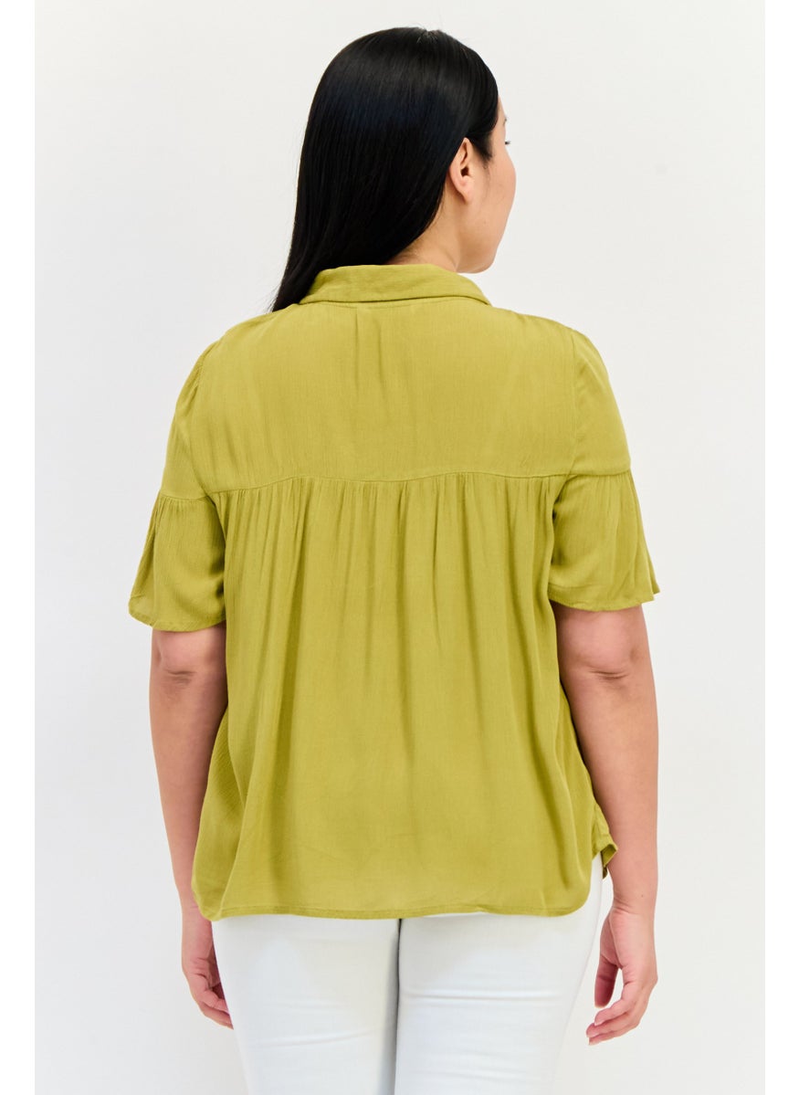 ONLY Women Spread Collar Short Sleeve Solid Blouse, Olive  - Image 3