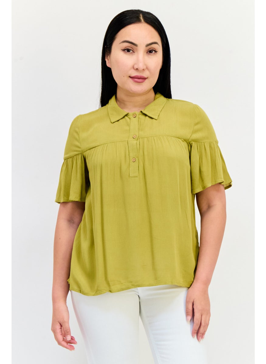 ONLY Women Spread Collar Short Sleeve Solid Blouse, Olive  - Image 1