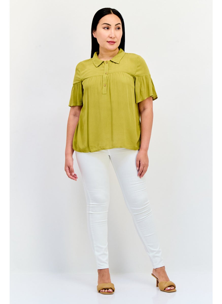 ONLY Women Spread Collar Short Sleeve Solid Blouse, Olive  - Image 4