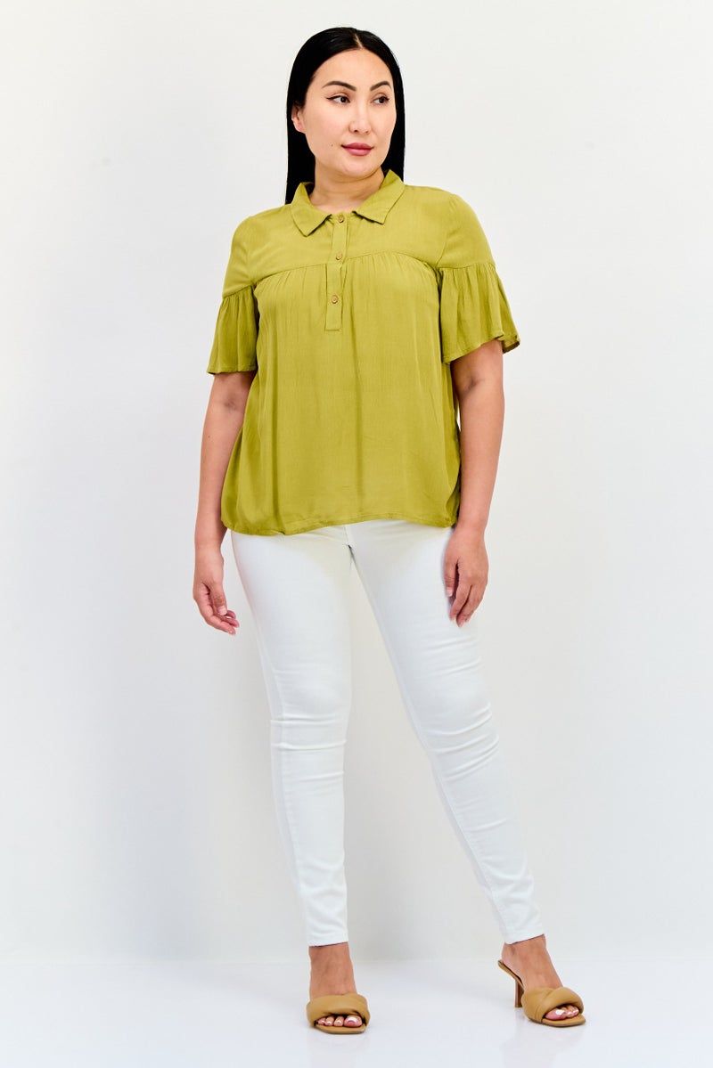 ONLY Women Spread Collar Short Sleeve Solid Blouse, Olive - Image 4