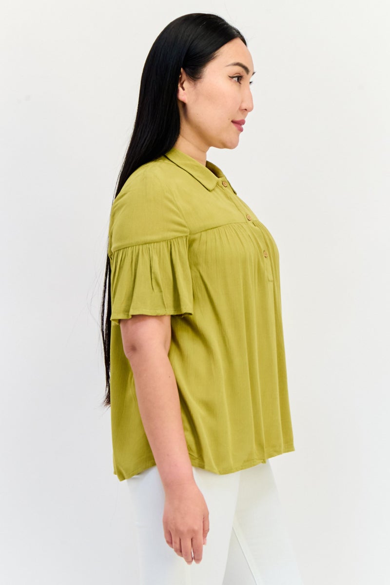 ONLY Women Spread Collar Short Sleeve Solid Blouse, Olive - Image 2