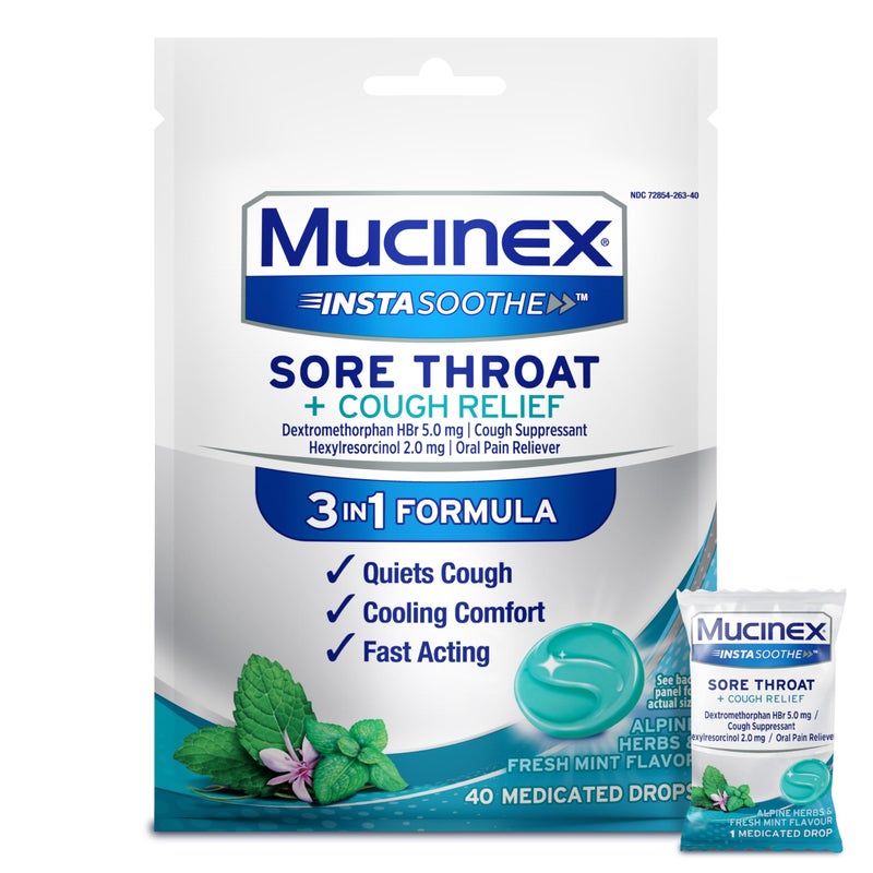 Mucinex InstaSoothe Sore Throat + Cough Relief Alpine Herbs & Mint Flavor, Fast Acting, Cooling Comfort, Powerful Sore Throat Oral Pain Reliever, 40 Medicated Drops - Image 1