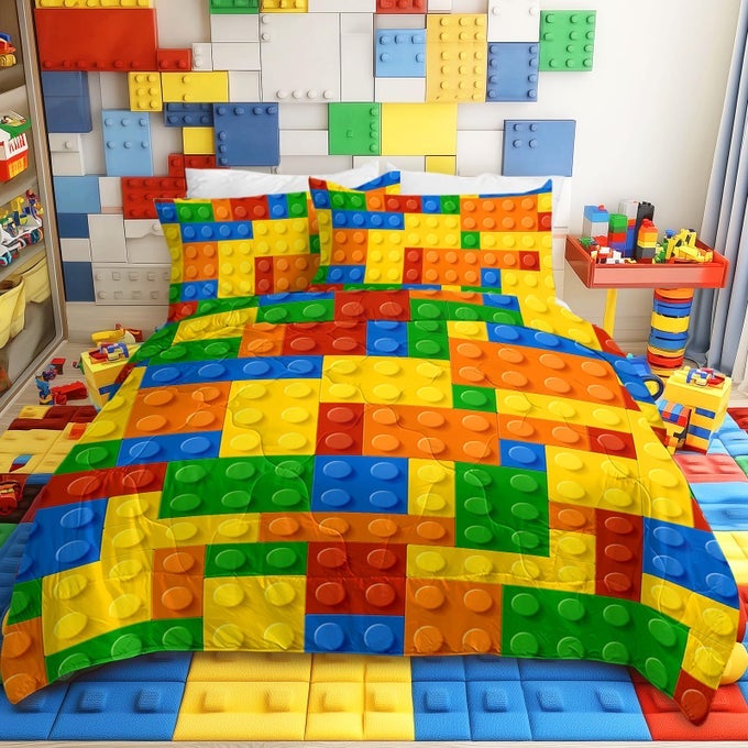3 PIECE FUNNY TOY COMFORTER SET WITH PILLOW SHAMS COLORFUL BUILDING BLOCKS BEDDING SET WITH 3D PRINTED DESIGNS REVERSIBLE COMFORTER FULLQUEEN SIZE BEDDING SETS